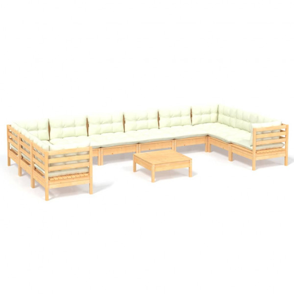 11 pcs conjunto lounge de jardim c/ almofadões cor creme pinho D