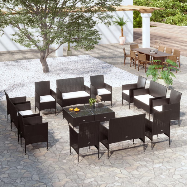 16 pcs conjunto lounge de jardim c/ almofadões vime PE preto D