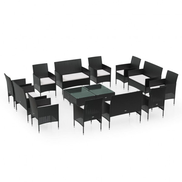 16 pcs conjunto lounge de jardim c/ almofadões vime PE preto M 2