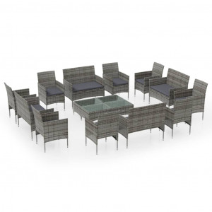 16 pcs conjunto lounge de jardim c/ almofadões vime PE cinzento H