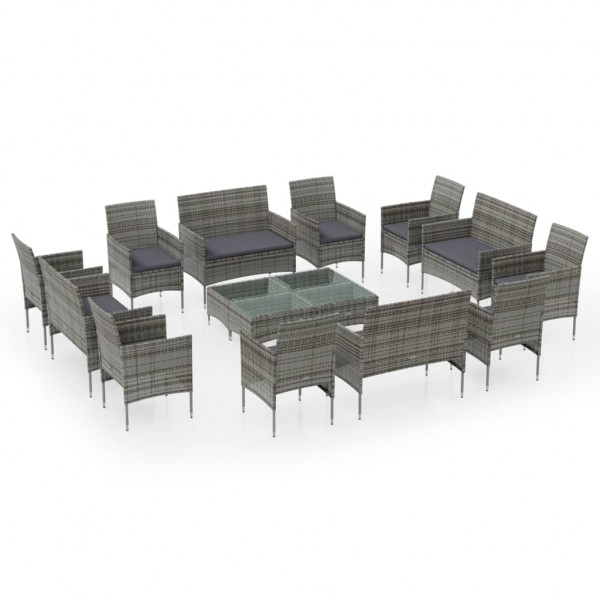 16 pcs conjunto lounge de jardim c/ almofadões vime PE cinzento M 2