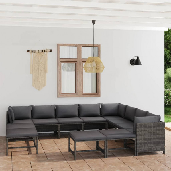 12 pcs conjunto lounge de jardim c/ almofadões vime PE cinzento D