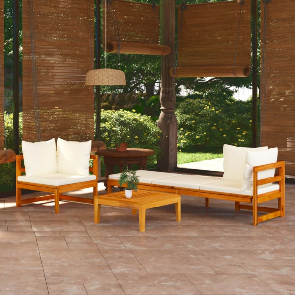 3 pcs conj. lounge de jardim c/ almofadões branco nata acácia D