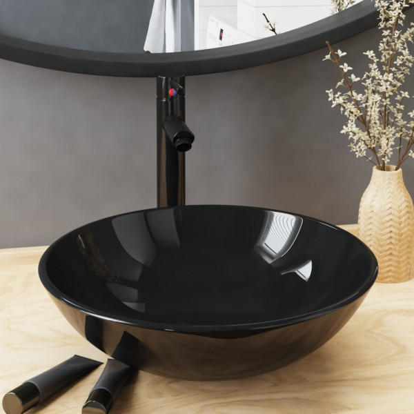 Lavabo y grifo tapón pulsador cristal templado negro D