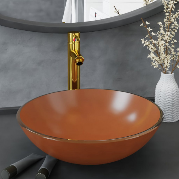 Lavabo grifo tapón pulsador cristal templado marrón D