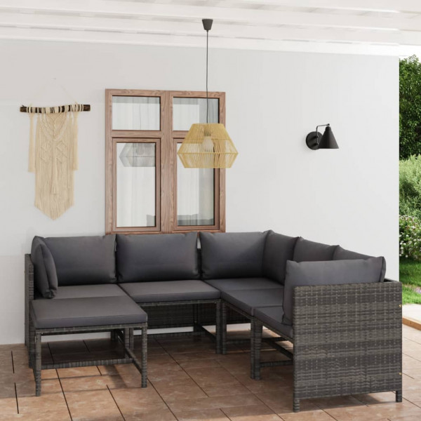 Set de muebles de jardín 6 pzas y cojines ratán sintético gris D