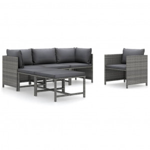 Set de muebles de jardín 6 pzas y cojines ratán sintético gris H