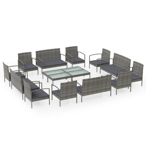 Set de muebles de jardín 16 pzas y cojines ratán sintético gris D