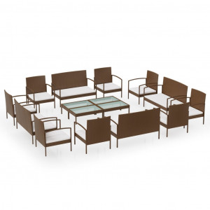 Set muebles de jardín 16 pzas y cojines ratán sintético marrón H
