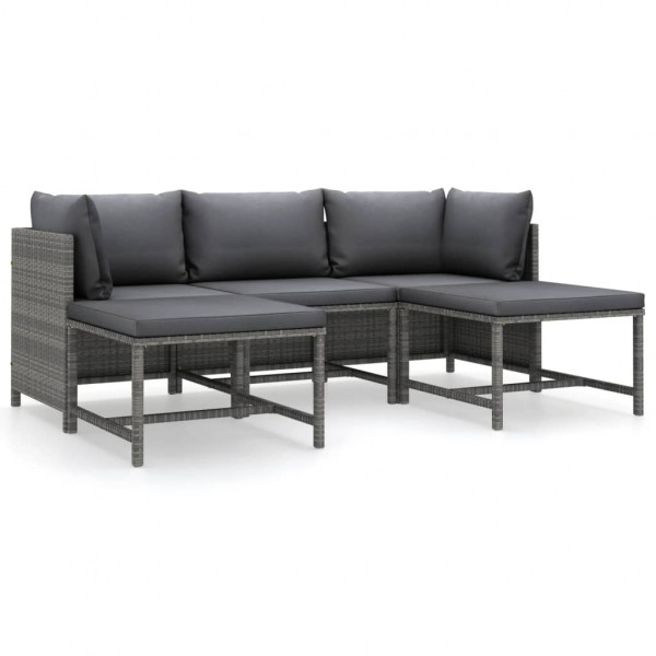 Set de muebles de jardín 5 pzas y cojines ratán sintético gris M 2