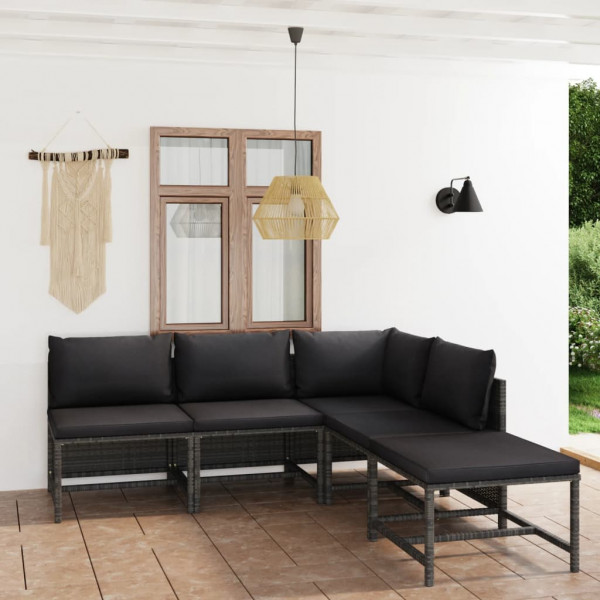 5 pcs conjunto lounge de jardim c/ almofadões vime PE cinzento D