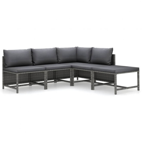 Set de muebles de jardín 5 pzas y cojines ratán sintético gris M 2