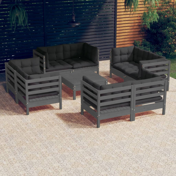 9 pcs conj. lounge de jardim com almofadões antracite pinho D