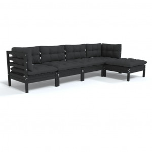 Muebles de jardín 5 pzas con cojines negro madera de pino H