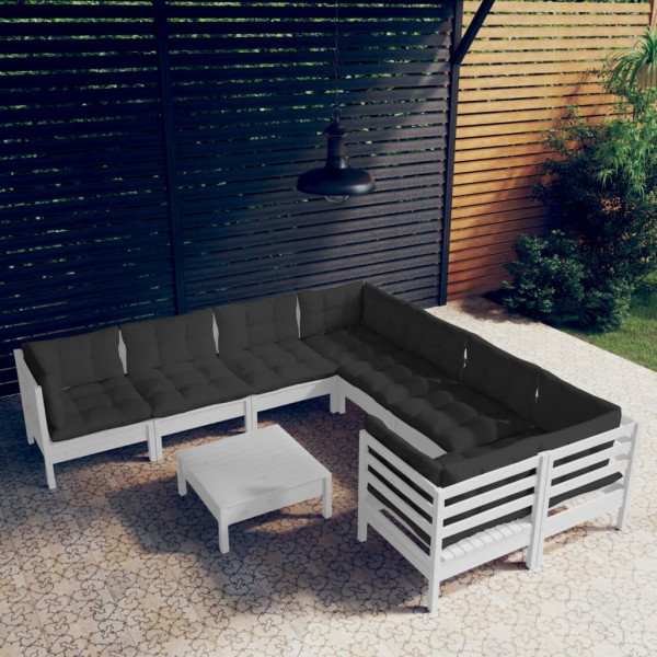 9 pcs conjunto lounge de jardim c/ almofadões pinho branco D