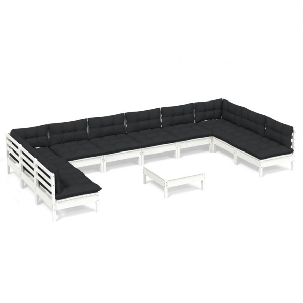 11 pcs conj. lounge de jardim c/ almofadões pinho maciço branco M 2