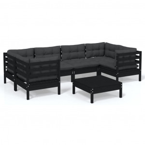 7 pcs conjunto lounge de jardim c/ almofadões pinho preto H