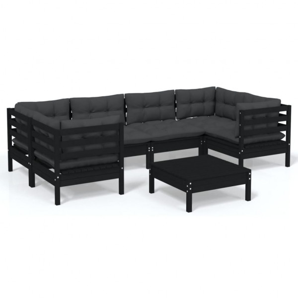 7 pcs conjunto lounge de jardim c/ almofadões pinho preto M 2