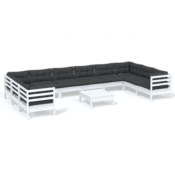 11 pcs conjunto lounge de jardim c/ almofadões pinho branco M 2