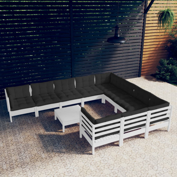 11 pcs conjunto lounge de jardim c/ almofadões pinho branco D