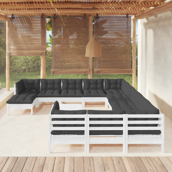 Muebles de jardín 13 pzas con cojines blanco madera de pino D