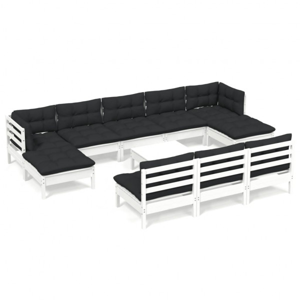 11 pcs conjunto lounge de jardim c/ almofadões pinho branco M 2