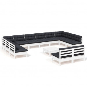 Muebles de jardín 13 pzas y cojines blanco madera maciza pino H