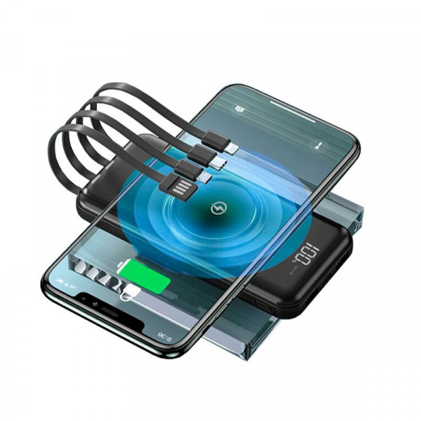 Power Bank de bateria externa universal 10.000 mAh + carregamento sem fio Qi (4 conexões) preto M 3