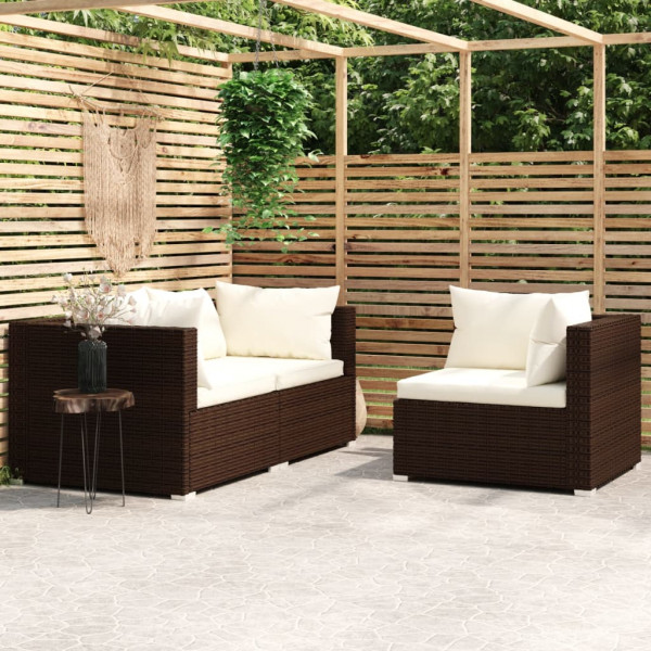 3 pcs conjunto lounge jardim c/ almofadões vime PE castanho D