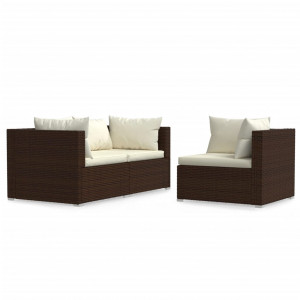 Set muebles de jardín 3 pzas y cojines ratán sintético marrón H