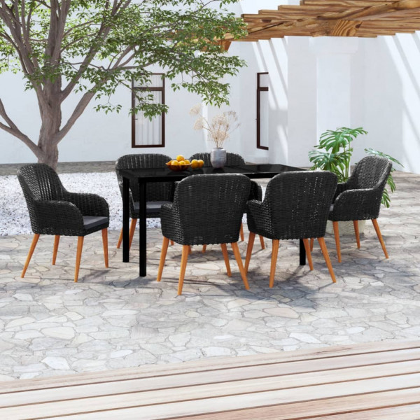 7 pcs conjunto de jantar para jardim com almofadões preto D