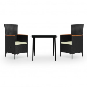 3 pcs conjunto de jantar para jardim com almofadões preto H