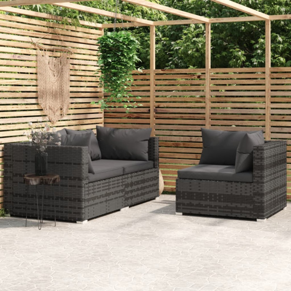 Set de muebles de jardín 3 pzas y cojines ratán sintético gris D