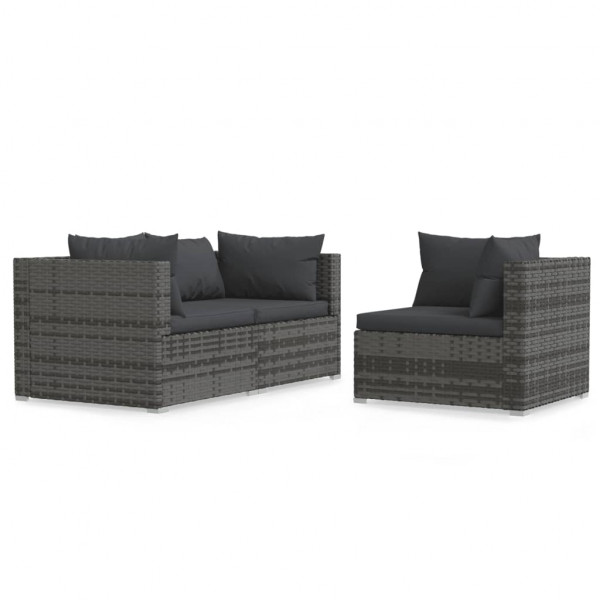 Set de muebles de jardín 3 pzas y cojines ratán sintético gris M 2