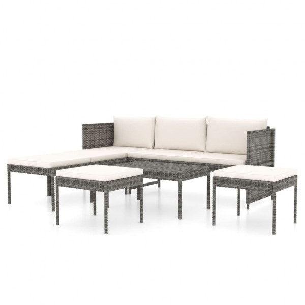 Set de muebles de jardín 6 pzas y cojines ratán sintético gris M 2
