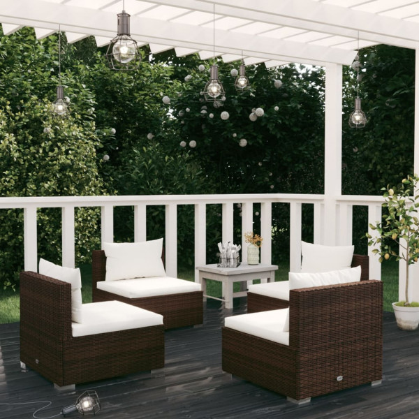 Set muebles de jardín 4 piezas y cojines ratán sintético marrón D