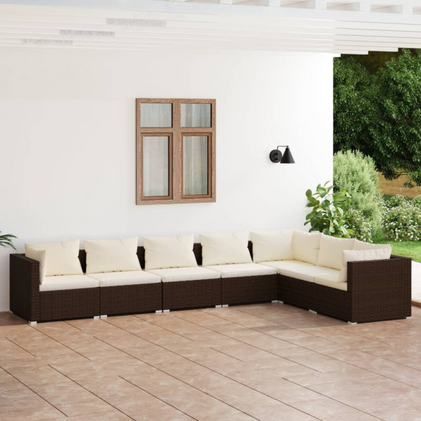 Set muebles de jardín 7 piezas y cojines ratán sintético marrón D