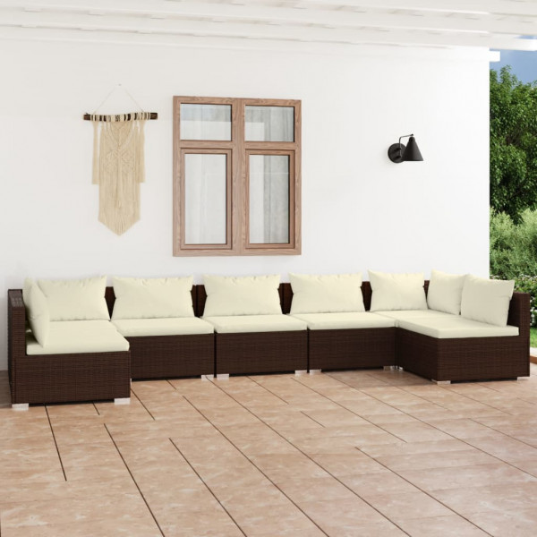 7 pcs conjunto lounge jardim c/ almofadões vime PE castanho D
