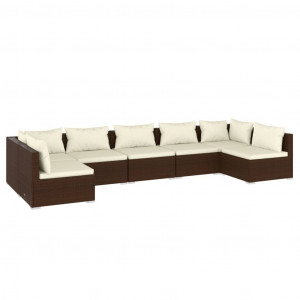 Set muebles de jardín 7 piezas y cojines ratán sintético marrón H