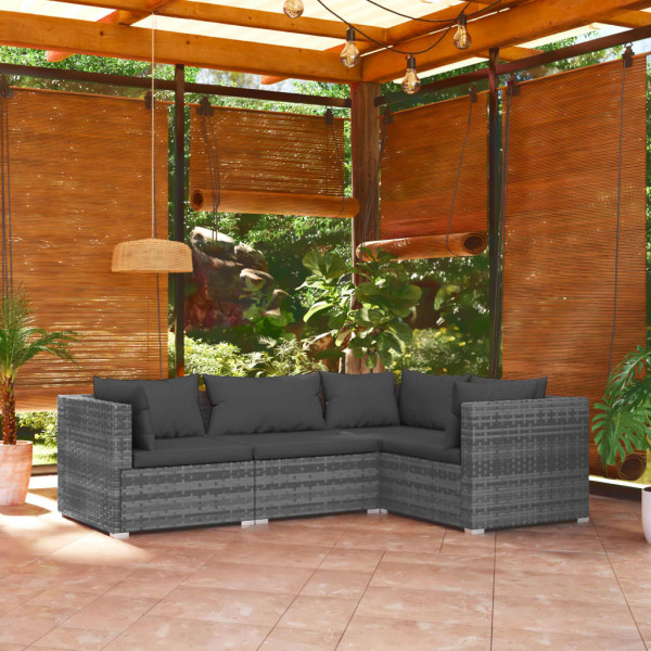 4 pcs conjunto lounge de jardim c/ almofadões vime PE cinzento D