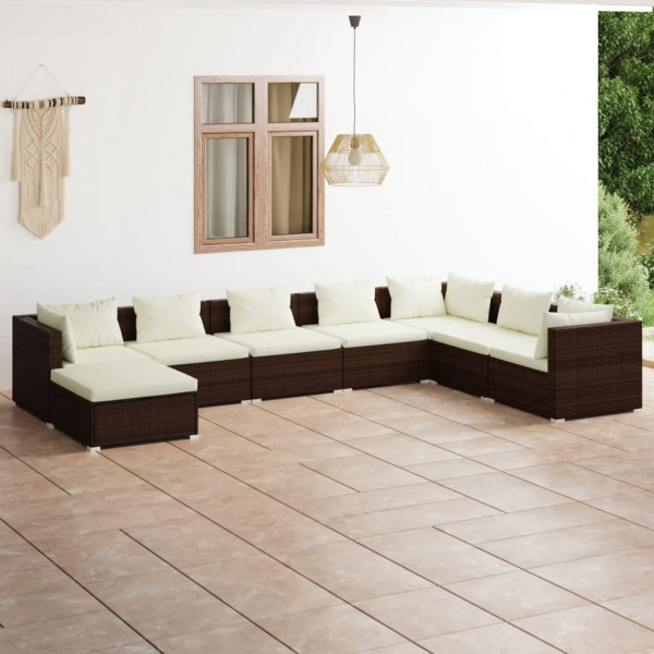 8 pcs conjunto lounge jardim c/ almofadões vime PE castanho D