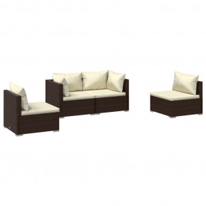 Set muebles de jardín 4 piezas y cojines ratán sintético marrón H