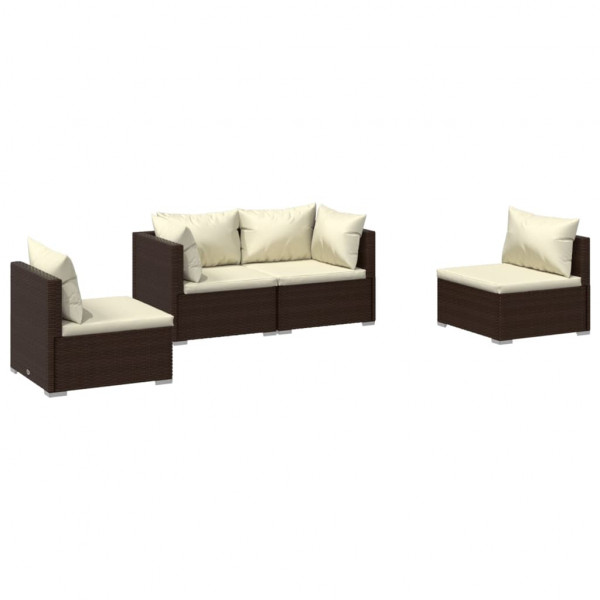 4 pcs conjunto lounge jardim c/ almofadões vime PE castanho M 2