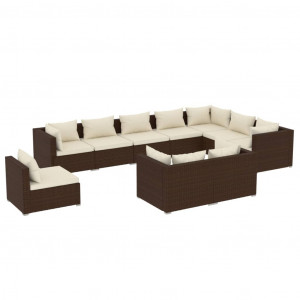 Set muebles de jardín 10 pzas y cojines ratán sintético marrón H