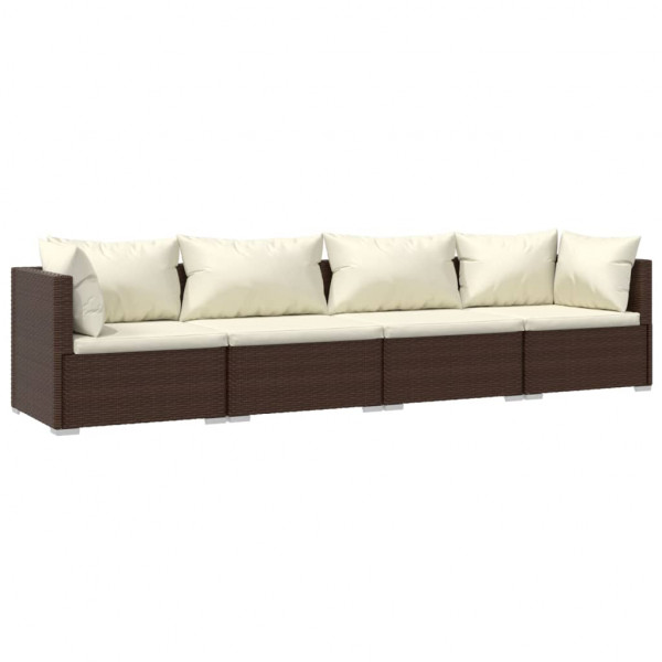 4 pcs conjunto lounge jardim c/ almofadões vime PE castanho M 2