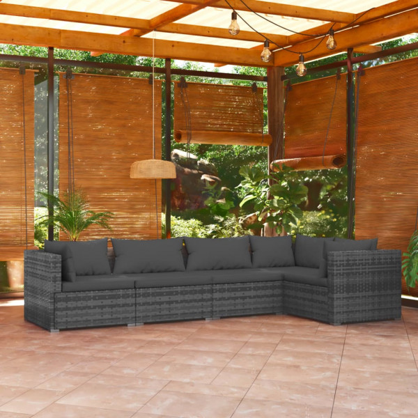 5 pcs conjunto lounge de jardim c/ almofadões vime PE cinzento D