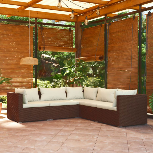 5 pcs conjunto lounge jardim c/ almofadões vime PE castanho D