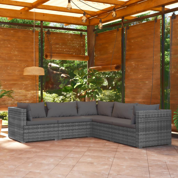 Set de muebles de jardín 5 pzas y cojines ratán sintético gris D
