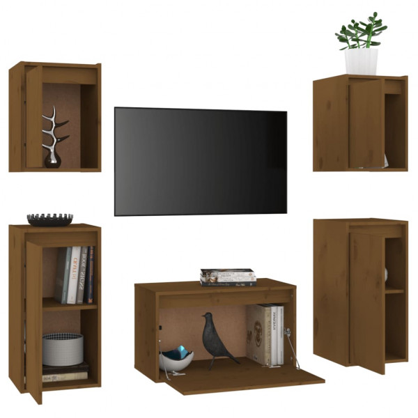 Muebles para TV 5 piezas madera maciza de pino marrón miel M 3