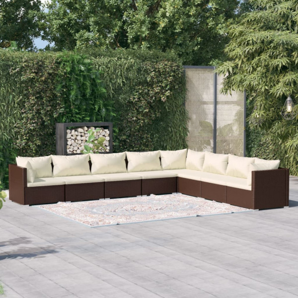 Set muebles de jardín 8 piezas y cojines ratán sintético marrón D